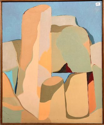 a painting of a rock formation with a blue sky in the background