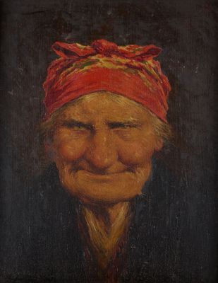 un tableau représentant une vieille femme portant un foulard rouge sur la tête