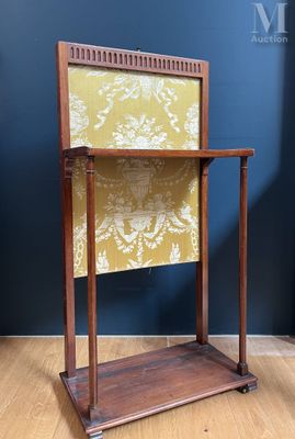 an image of a wooden table with a yellow and white cloth on it
