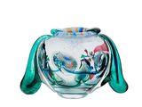 a glass teapot with a bird design on it