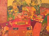 un tableau représentant une voiture rouge roulant sur la route