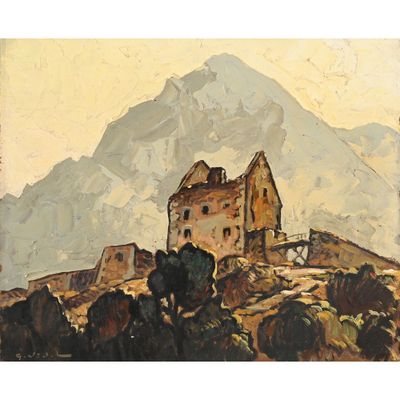 un tableau représentant un château sur une colline, avec une montagne en arrière-plan