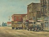tableau représentant une scène de rue avec de vieilles voitures garées sur le bord de la route