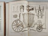 an open book with a drawing of a horse drawn carriage