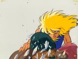 cellule d'animation représentant une femme aux cheveux blonds tenant une épée