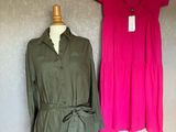 deux robes accrochées au mur à côté d'un mannequin
