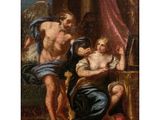 a painting of two men and a woman in a room