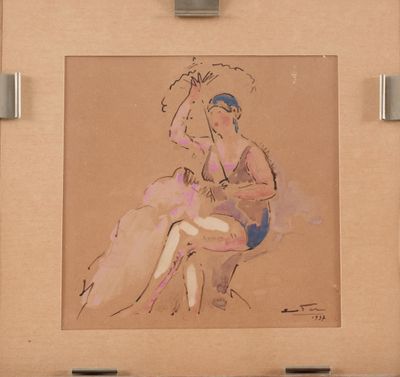 drawing of a woman sitting on a stool with a clock above her head