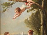 a painting of three children playing in the water