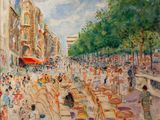 un tableau représentant une rue animée de la ville où des gens se promènent
