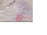 a painting of people walking on the beach with umbrellas