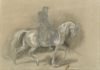 dessin représentant un homme à cheval, avec un chien au premier plan
