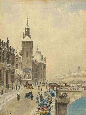 painting of a view of a city street with a bridge and a clock tower