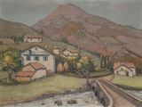 painting of a village with a bridge and a mountain in the background
