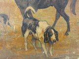 un tableau représentant un chien et un cheval dans un champ