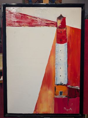 un tableau représentant un phare rouge et blanc posé sur un chevalet