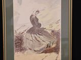 painting of a woman in a dress sitting on a hill
