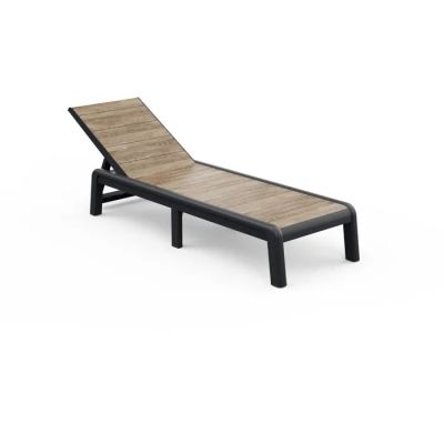 La chaise longue est en bois et possède un cadre noir