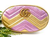 a close up of a pink and gold purse with a plant in the background