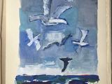painting of a flock of seagulls flying over a body of water