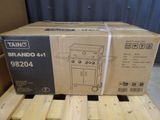 a cardboard box on a pallet with a grill on it