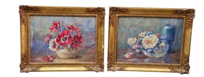 two paintings of flowers in a vase and a vase of flowers on a table