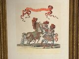 three framed pictures of a man riding a horse and a woman riding a horse