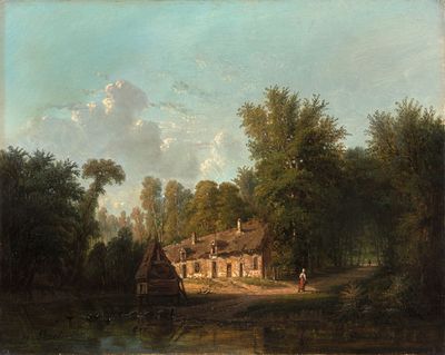 painting of a farm scene with a man on a horse in the foreground and a house in the background