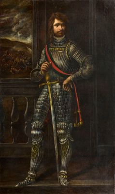 un vieux tableau représentant un homme en armure, une épée à la main
