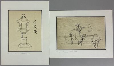 two drawings of a fountain and a garden with a bird on top of it