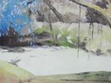 a painting of a blue tree in the middle of a field
