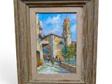 une peinture à l'huile représentant une scène de rue avec une église à l'arrière-plan