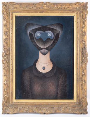 an image of a painting of a woman with a cat ' s face on her head
