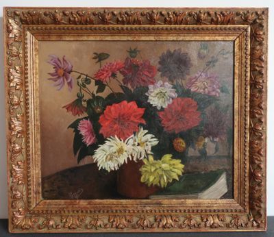 an oil painting of flowers in a vase on a table