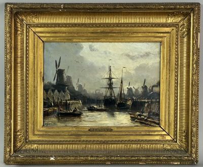 une image d'une peinture représentant une scène de port avec des bateaux dans l'eau