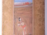 an old painting of a woman sitting on a chair in a field