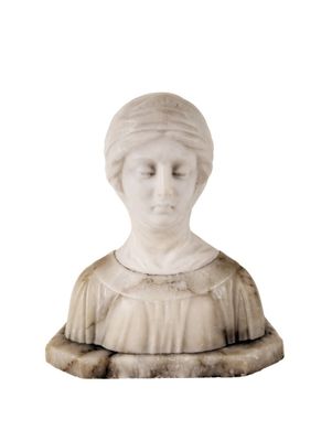 marble bust of a woman with a turban on her head