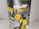 la boîte d'un compresseur électrique jaune et noir posée sur une surface blanche