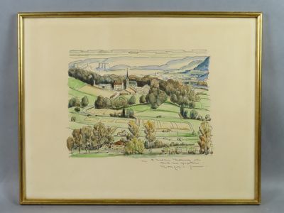une image d'un tableau représentant un paysage dans un cadre doré