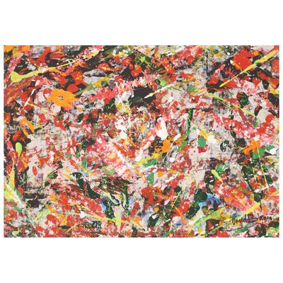 une peinture abstraite réalisée avec de la peinture rouge, verte, jaune et noire