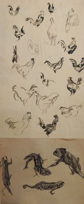 a drawing of birds flying in the air and a drawing of a bird flying in the air