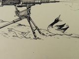 drawing of a bird and a machine gun on a beach