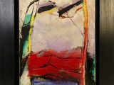 an abstract painting of red, white, and blue in a black frame