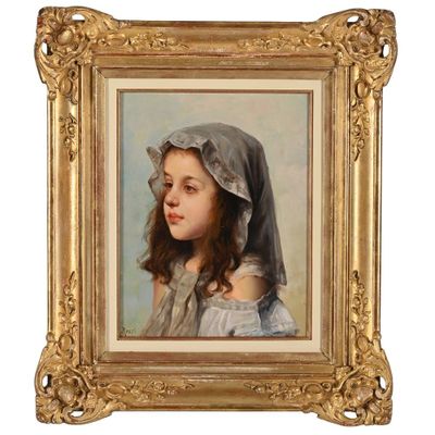 portrait d'une jeune fille coiffée d'un bonnet, encadré d'un cadre doré