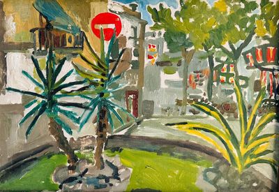 un tableau représentant une scène de rue avec un panneau « Stop » et des palmiers