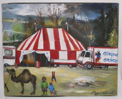 peinture d'un chapiteau de cirque avec des personnes et un chameau devant le chapiteau