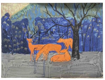 un tableau représentant deux renards dans un champ, près d'un arbre