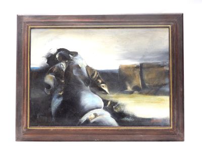 painting of a man riding a horse in a field with a cow in the background