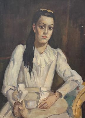 tableau représentant une femme en robe blanche tenant un bol de nourriture