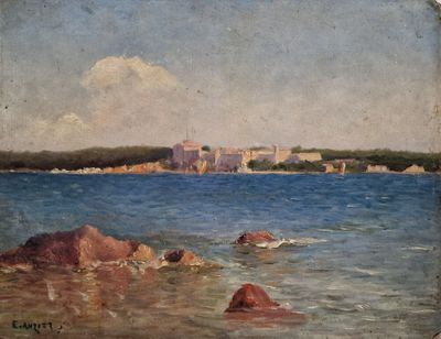 une image représentant un tableau où l'on voit un plan d'eau avec un château en arrière-plan